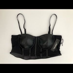 Haute Monde Black Vegan Leather Mesh Bustier Tank Spaghettini Strap Crop Top XL